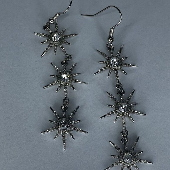 3 Star Sparkle Snowflake Star Drop Earrings 2.5” - Picture 3 of 5
